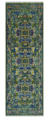 Modern Colorful Moss Green, Blue and Silver Traditional Turkish Design Heriz Wool Area Rug