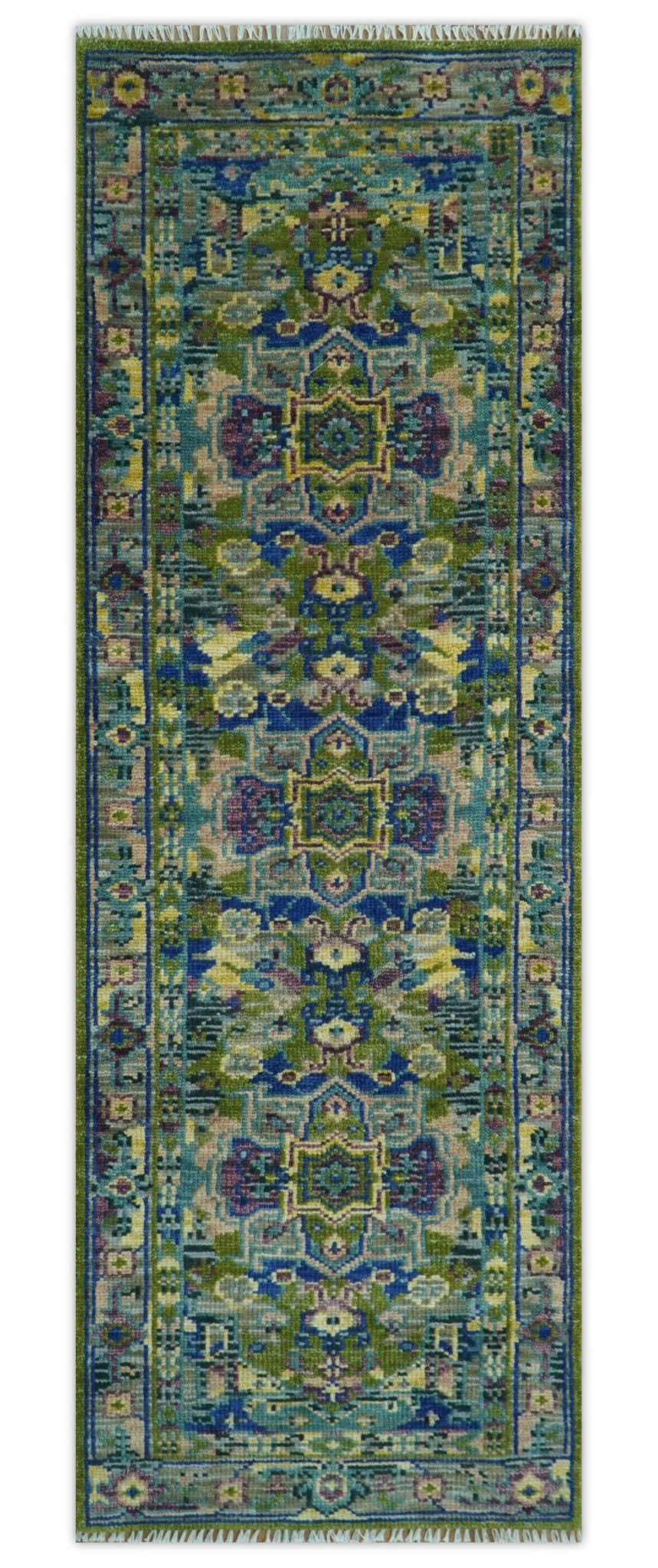 Modern Colorful Moss Green, Blue and Silver Traditional Turkish Design Heriz Wool Area Rug
