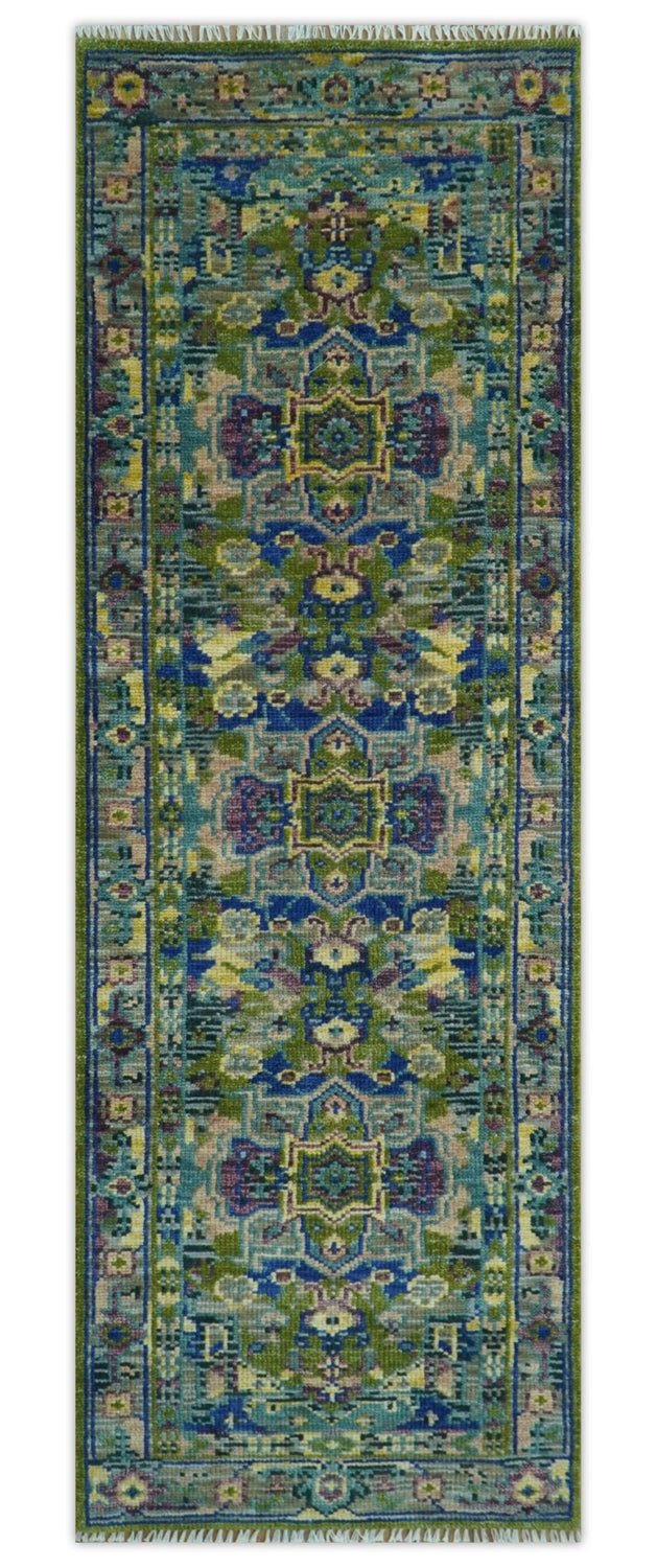 Modern Colorful Moss Green, Blue and Silver Traditional Turkish Design Heriz Wool Area Rug