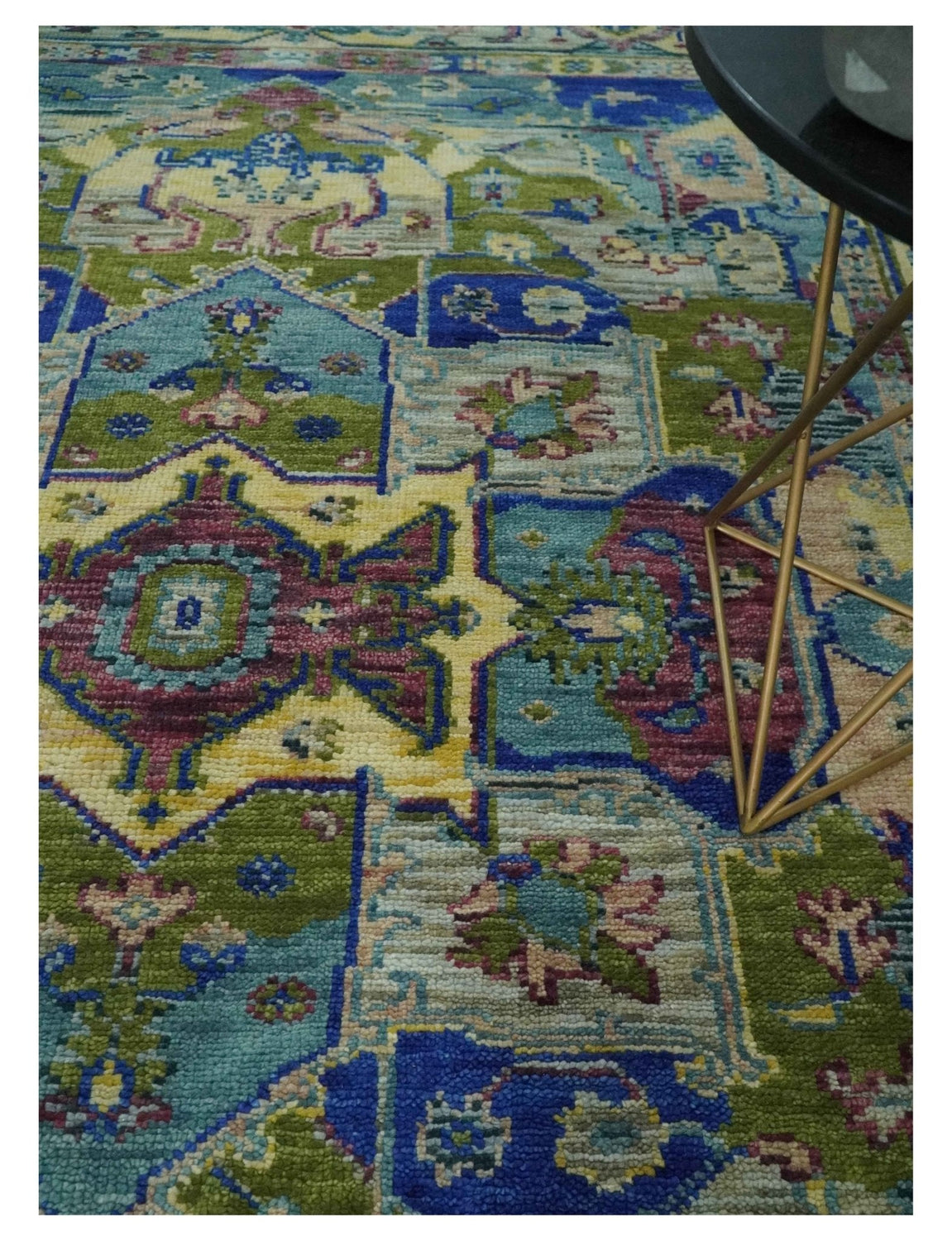 Modern Colorful Moss Green, Blue and Silver Traditional Turkish Design Heriz Wool Area Rug