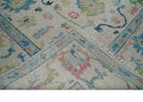 Vibrant Colorful Ivory and Aqua Hand Knotted Traditional Oushak Multi Size Wool Area Rug, Living Room Rug