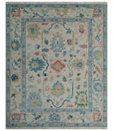 Vibrant Colorful Ivory and Aqua Hand Knotted Traditional Oushak Multi Size Wool Area Rug, Living Room Rug