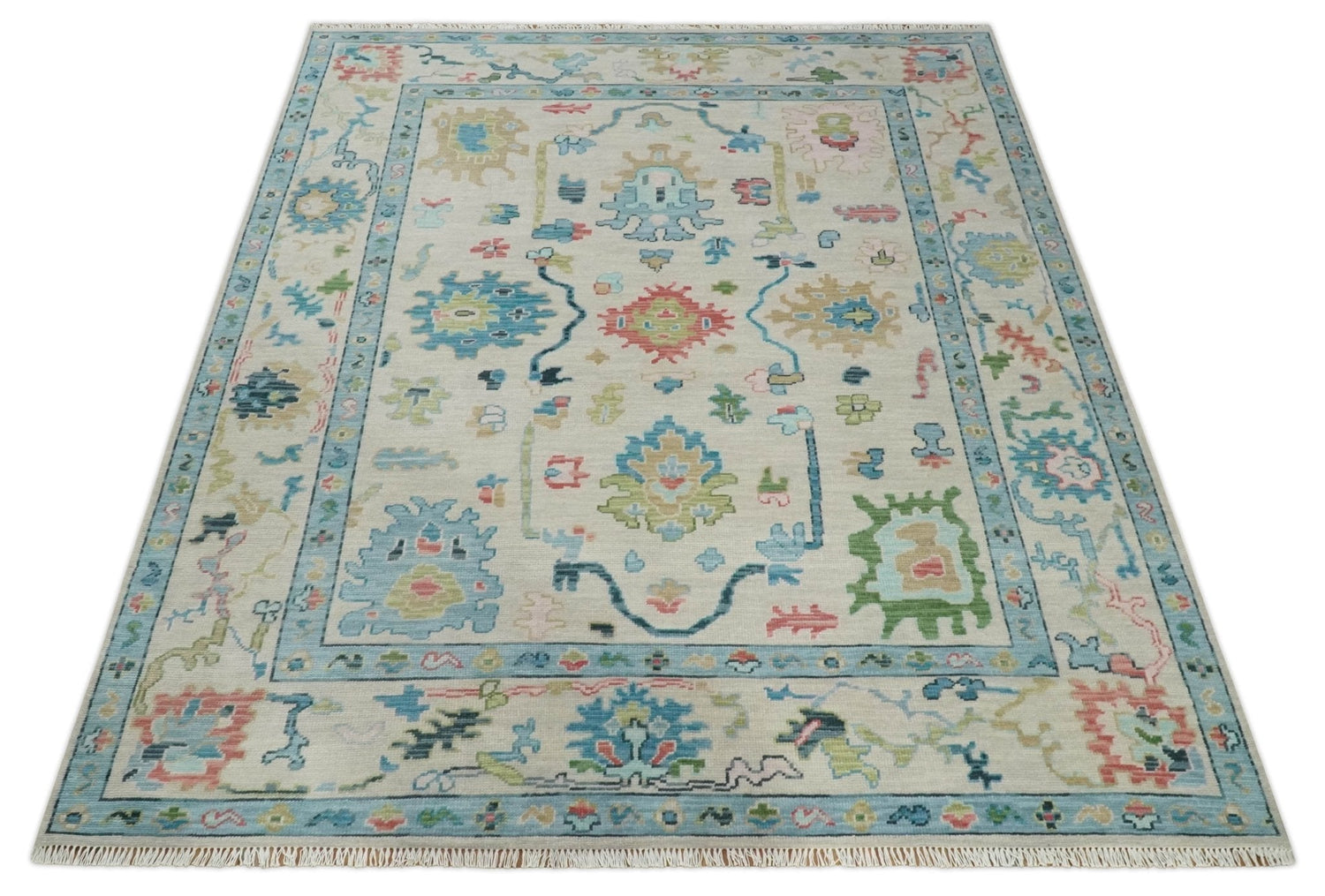 Vibrant Colorful Ivory and Aqua Hand Knotted Traditional Oushak Multi Size Wool Area Rug, Living Room Rug
