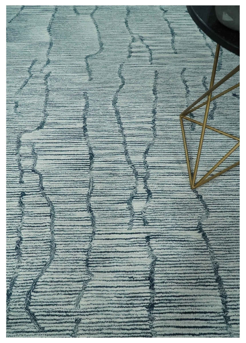 Modern Contemporary Multi Size Woolen White and Blue Hand Tufted Area Rug
