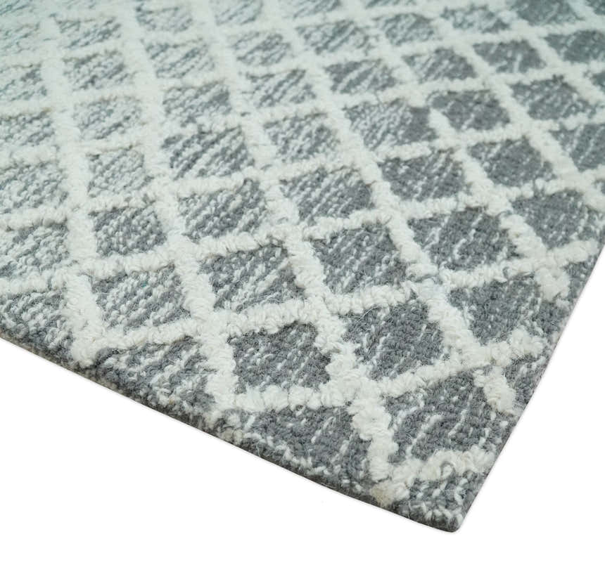 Modern Geometric Ivory and Charcoal Abstract Hand Tufted Natural Wool Multi Size Area Rug
