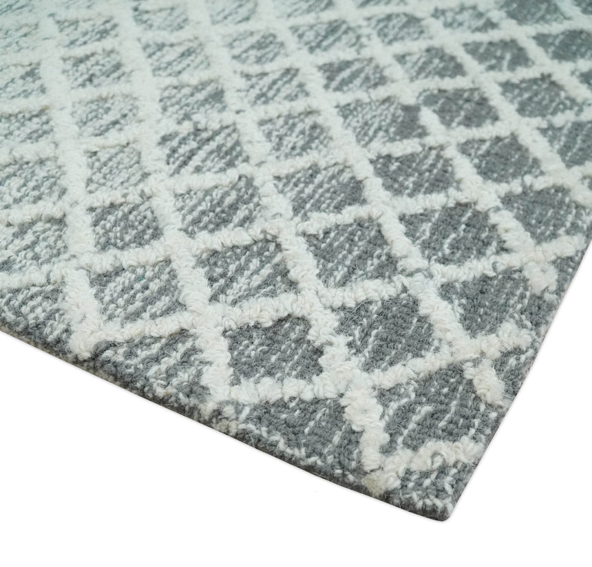 Modern Geometric Ivory and Charcoal Abstract Hand Tufted Natural Wool Multi Size Area Rug