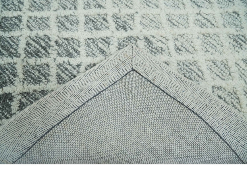 Modern Geometric Ivory and Charcoal Abstract Hand Tufted Natural Wool Multi Size Area Rug