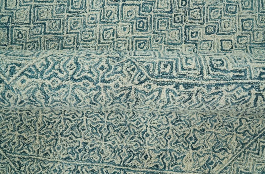 Modern Geometrical Teal and Ivory Hand Tufted Custom Made wool area rug