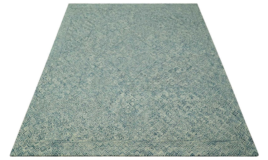 Modern Geometrical Teal and Ivory Hand Tufted Custom Made wool area rug
