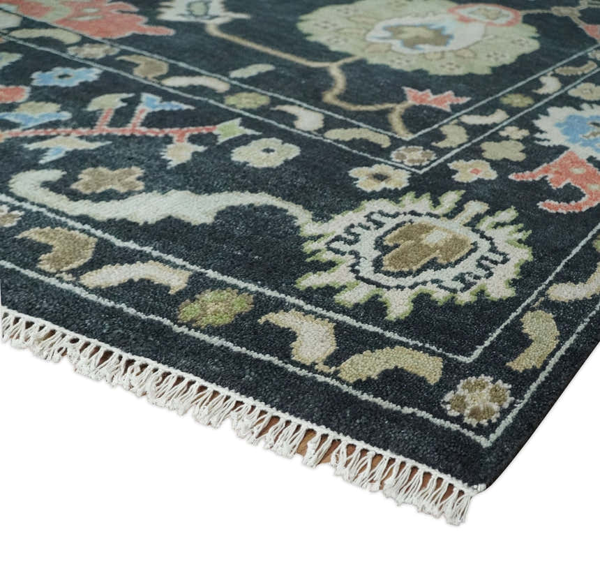 Modern Hand Knotted Black and Multicolor Traditional Oushak Custom Made Wool Area Rug