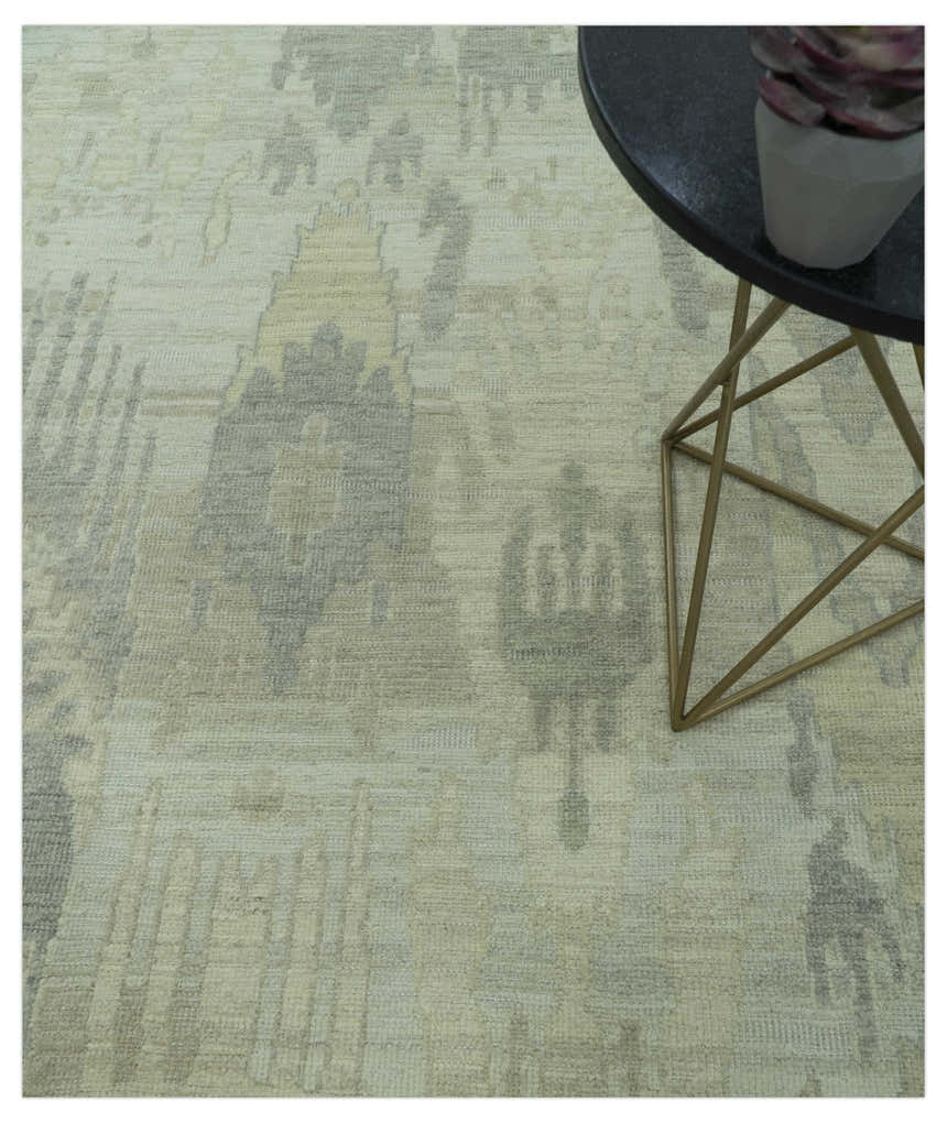 Modern Ikat Design distressed Beige And Charcoal Hand Knotted Custom Made wool rug