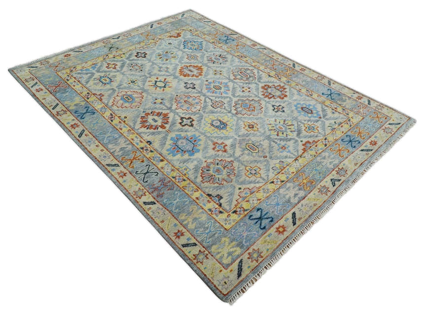 Vibrant Colorful Silver, Blue, Rust and Mustard Traditional Hand Knotted Custom Made Wool Area Rug