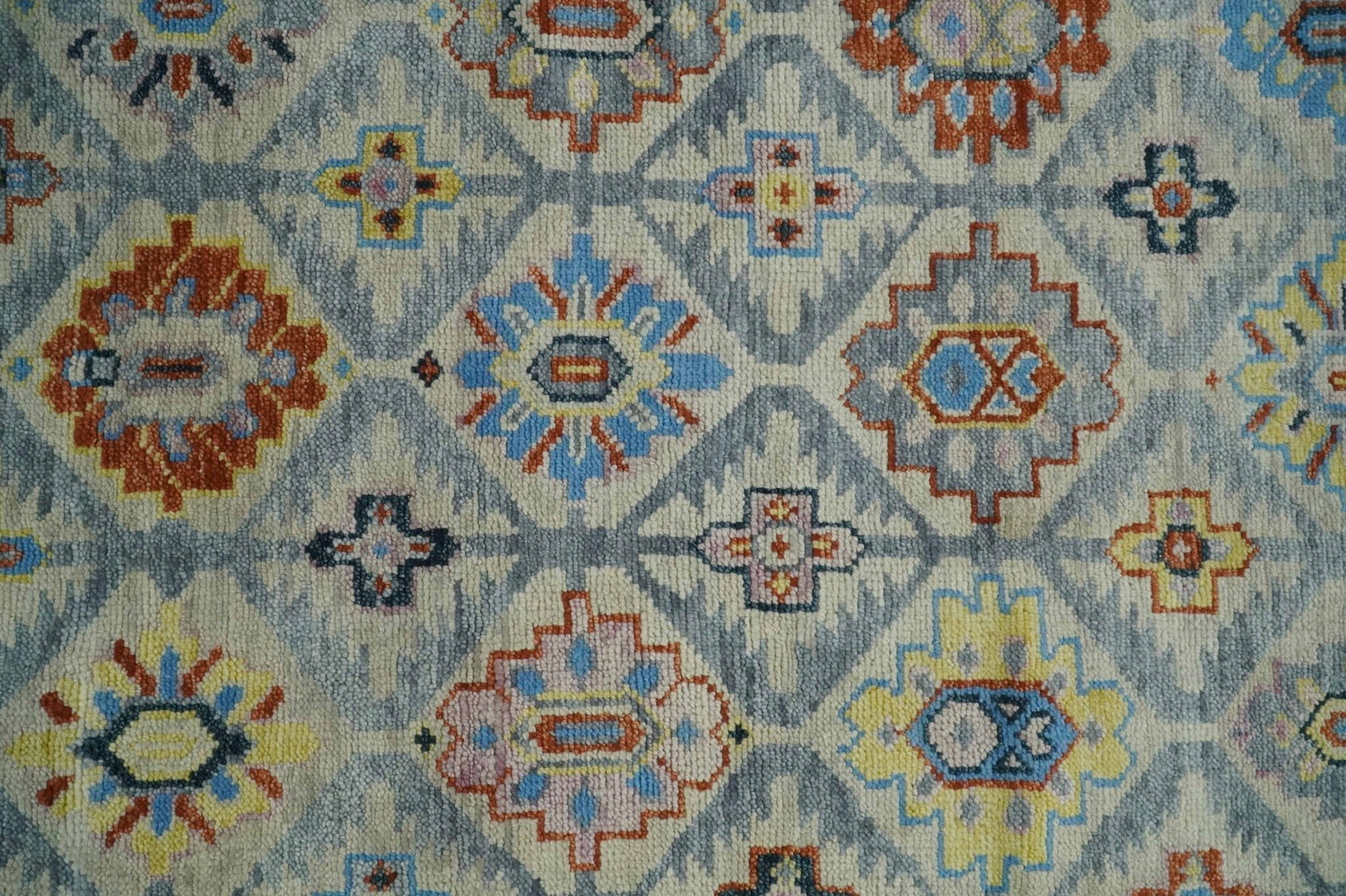 Vibrant Colorful Silver, Blue, Rust and Mustard Traditional Hand Knotted Custom Made Wool Area Rug