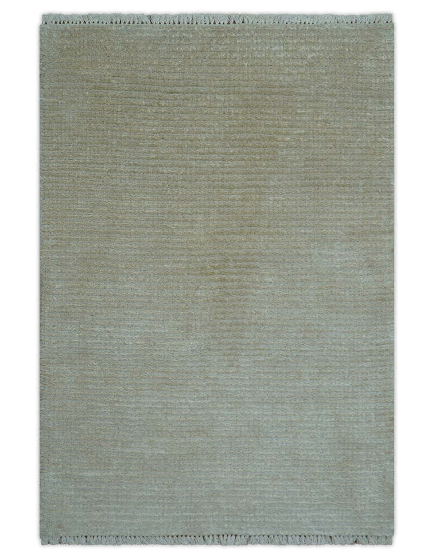 Modern Solid Design Beige Hand Knotted Wool And Silk Rug