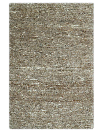 Modern Solid Design Natural Brown Hand Knotted Wool Rug