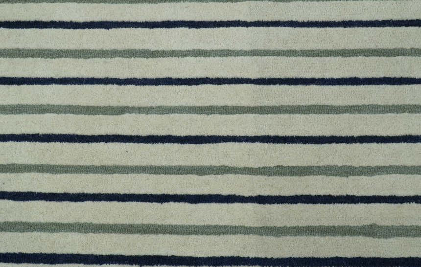 Modern Stripes Design Beige And Blue Hand Tufted Custom Made Wool Area Rug