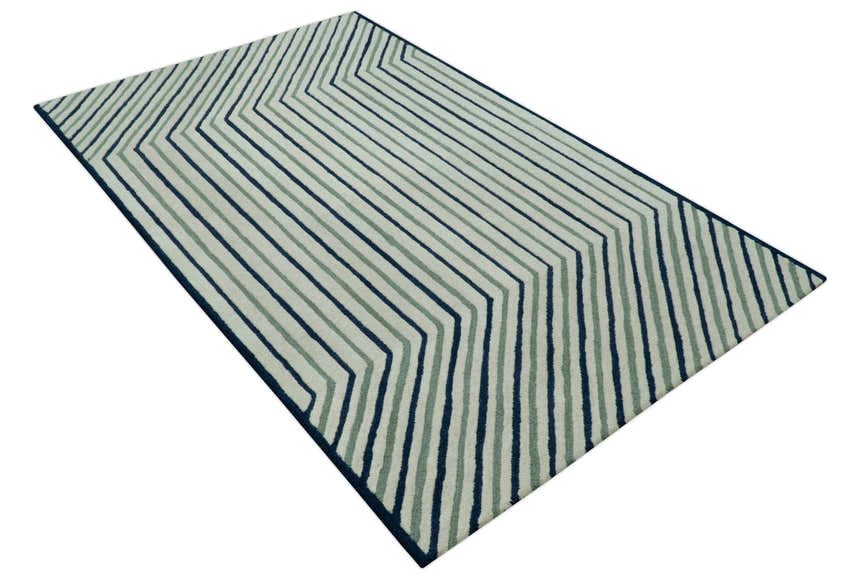 Modern Stripes Design Beige And Blue Hand Tufted Custom Made Wool Area Rug