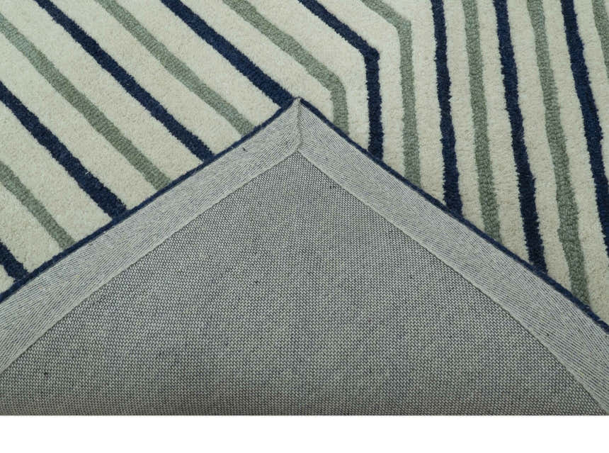 Modern Stripes Design Beige And Blue Hand Tufted Custom Made Wool Area Rug