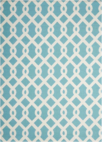 Close-up of Waverly Sun N' Shade Poolside area rug. Blue and white geometric trellis pattern. Modern style.
