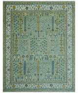 Moss Green and Ivory Multi Size Vintage Wool Hand Knotted Rug