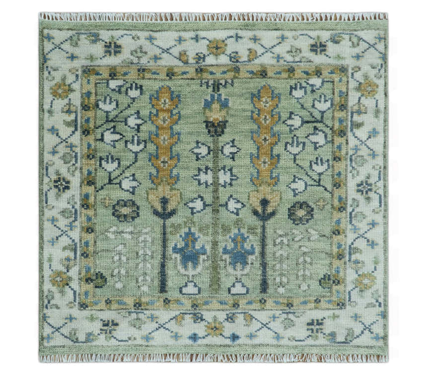 Moss Green and Ivory Multi Size Vintage Wool Hand Knotted Rug