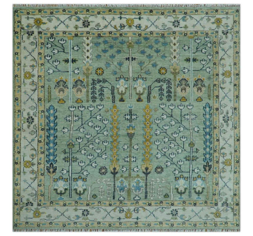 Moss Green and Ivory Multi Size Vintage Wool Hand Knotted Rug