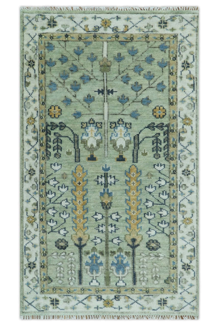 Moss Green and Ivory Multi Size Vintage Wool Hand Knotted Rug