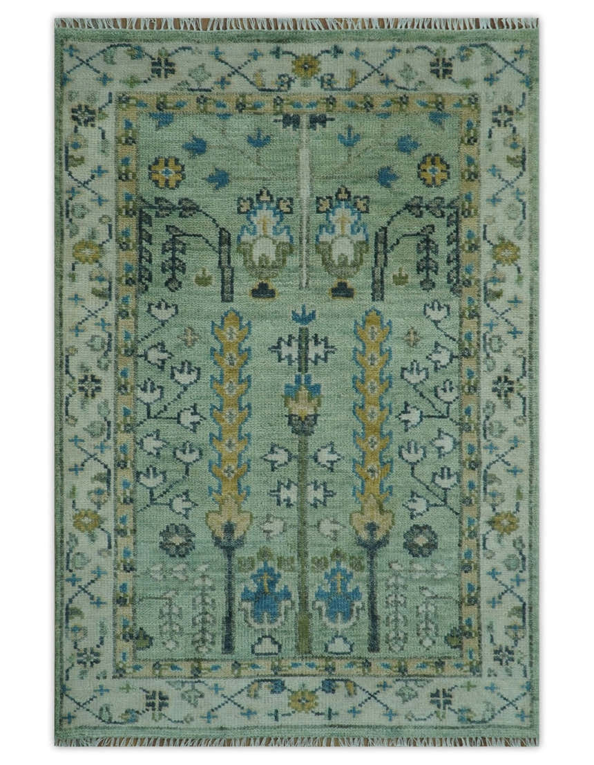Moss Green and Ivory Multi Size Vintage Wool Hand Knotted Rug