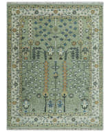 Moss Green and Ivory Multi Size Vintage Wool Hand Knotted Rug