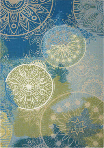 Close-up of Nourison Home & Garden Blue Contemporary Area Rug with a circular medallion pattern in blue, green, and beige.