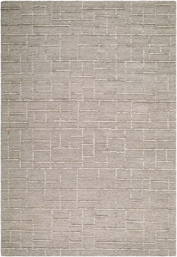 Close-up of the hand-tufted Meugliano Area Rug. Contemporary design in ivory, stone, and taupe wool. Rectangle shape. Design-Rectangle-576