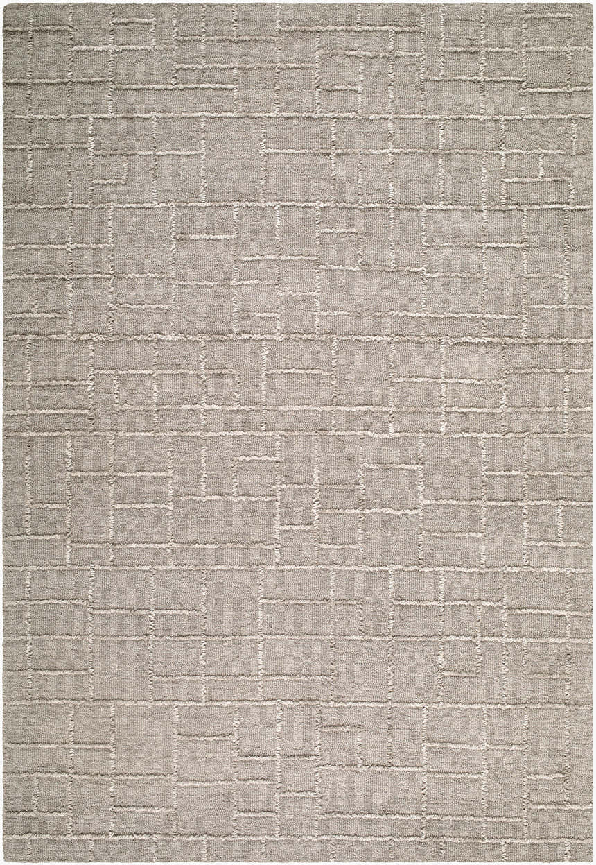 Close-up of the hand-tufted Meugliano Area Rug. Contemporary design in ivory, stone, and taupe wool. Rectangle shape. Design-Rectangle-576