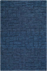 Close-up of the Carastelec Area Rug. Hand-tufted 100% wool rug in blue, denim, and midnight blue with a contemporary block pattern. Design-Rectangle-576