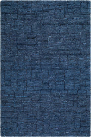 Close-up of the Carastelec Area Rug. Hand-tufted 100% wool rug in blue, denim, and midnight blue with a contemporary block pattern. Design-Rectangle-576