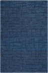 Close-up of the Carastelec Area Rug. Hand-tufted 100% wool rug in blue, denim, and midnight blue with a contemporary block pattern. Design-Rectangle-576