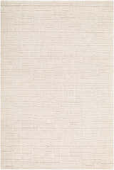 Close-up of the hand-tufted Utsmiyurt Area Rug. Beige, cream, and ivory wool with a contemporary geometric pattern. Design-Rectangle-576