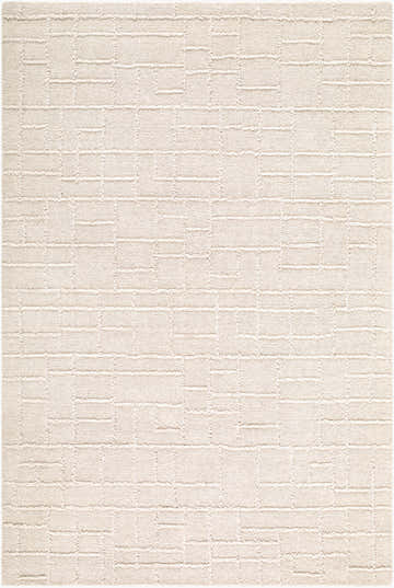 Close-up of the hand-tufted Utsmiyurt Area Rug. Beige, cream, and ivory wool with a contemporary geometric pattern. Design-Rectangle-576