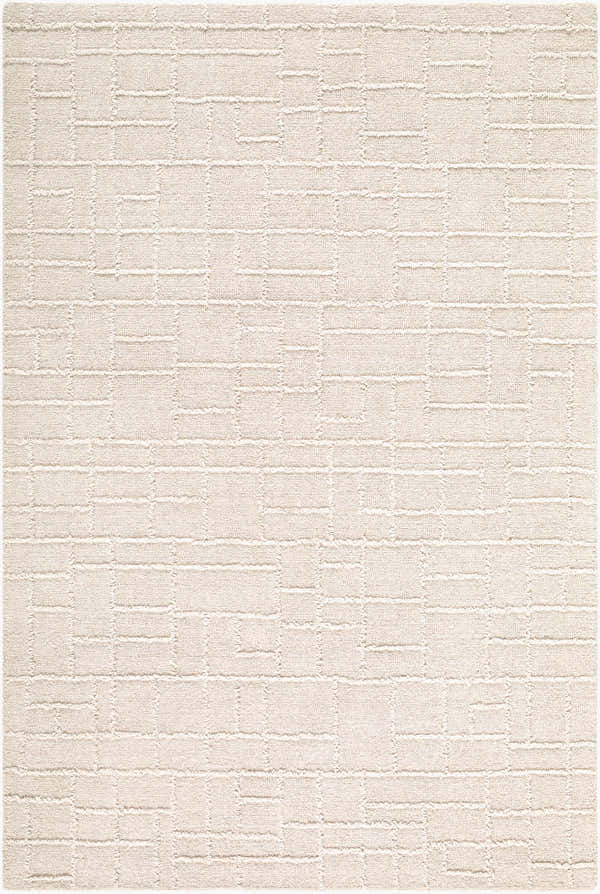 Close-up of the hand-tufted Utsmiyurt Area Rug. Beige, cream, and ivory wool with a contemporary geometric pattern. Design-Rectangle-576