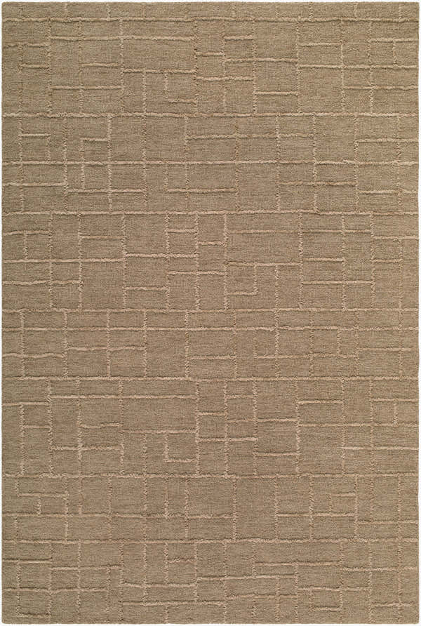 Close-up of beige Gramalote Area Rug. Hand-tufted wool rug with a contemporary geometric pattern. Sandstone and taupe tones. Design-Rectangle-576