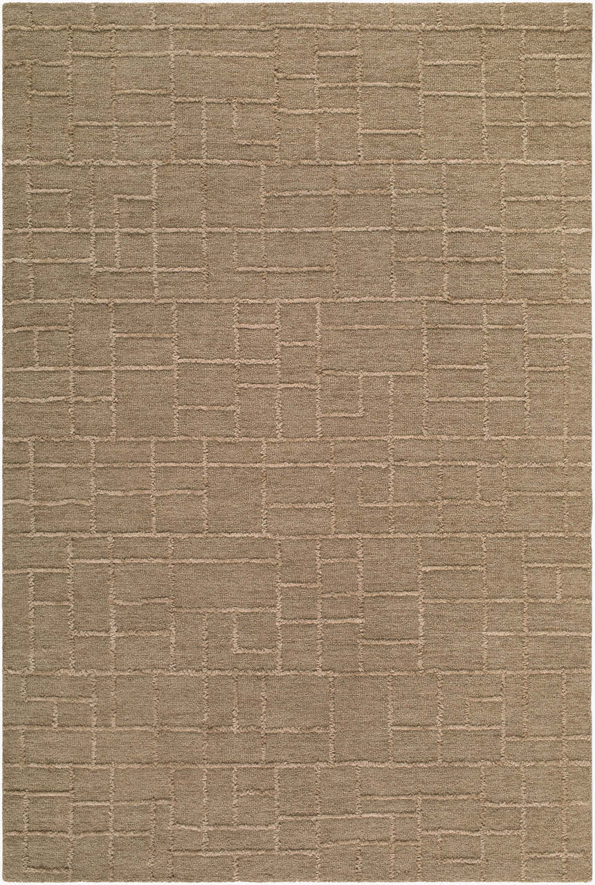 Close-up of beige Gramalote Area Rug. Hand-tufted wool rug with a contemporary geometric pattern. Sandstone and taupe tones. Design-Rectangle-576