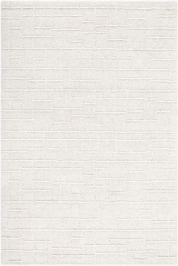 Close-up of the hand-tufted Larkollen Area Rug. The 100% wool rug features a contemporary, textured block pattern in off-white. Design-Rectangle-576