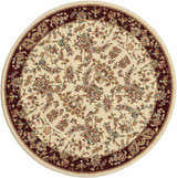 Close-up of a round Nourison Antiquities Ivory Persian rug. Chestnut border with floral pattern on a cream background.