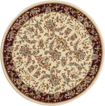 Close-up of a round Nourison Antiquities Ivory Persian rug. Chestnut border with floral pattern on a cream background.