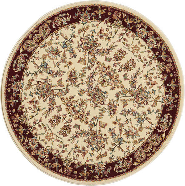 Close-up of a round Nourison Antiquities Ivory Persian rug. Chestnut border with floral pattern on a cream background.