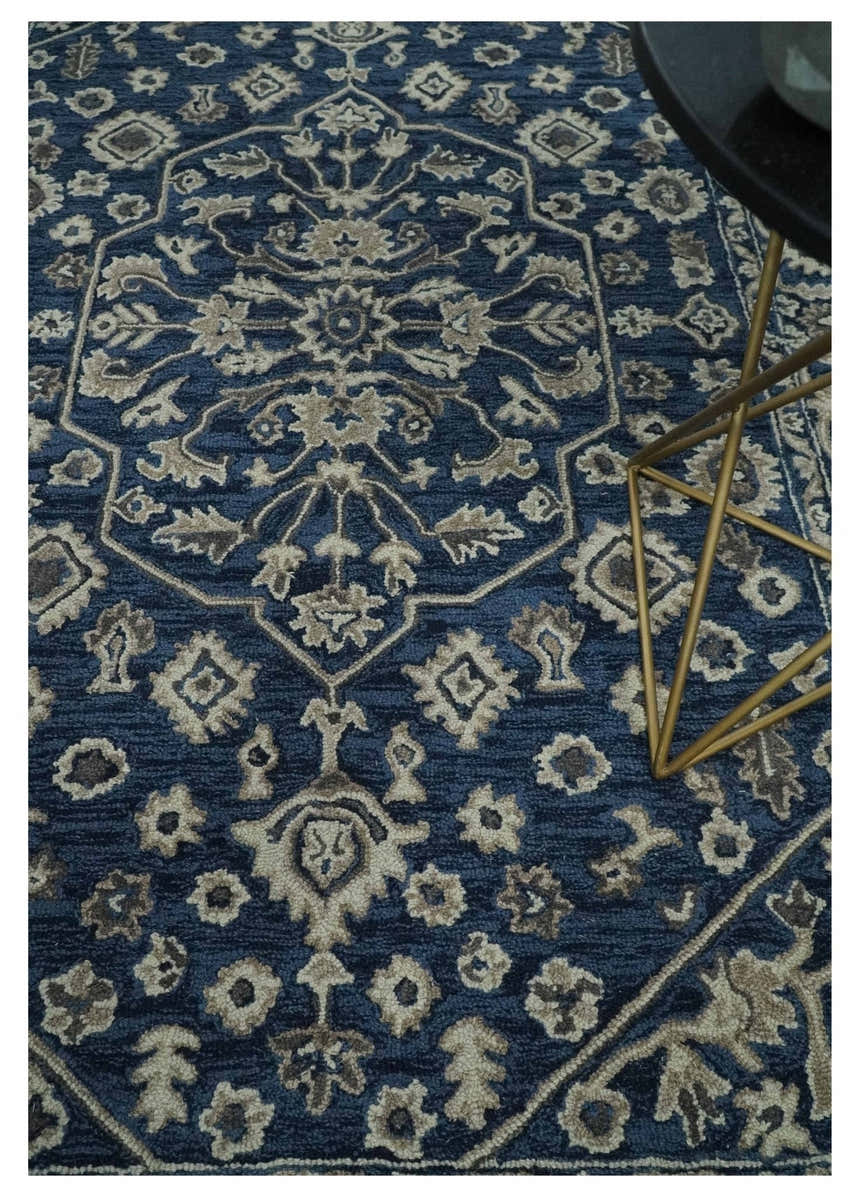 Multi Size Hand Tufted Blue and Beige Traditional Medallion 8x10, 9x12 Antique Style Rug, Kids, Living Room and Bedroom Rug | TRD6441