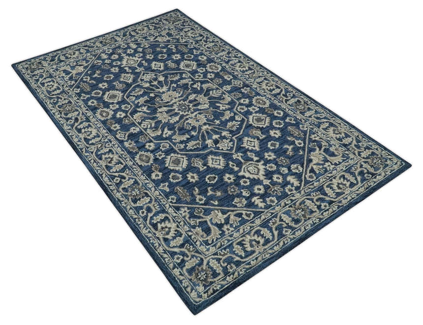 Multi Size Hand Tufted Blue and Beige Traditional Medallion 8x10, 9x12 Antique Style Rug, Kids, Living Room and Bedroom Rug | TRD6441