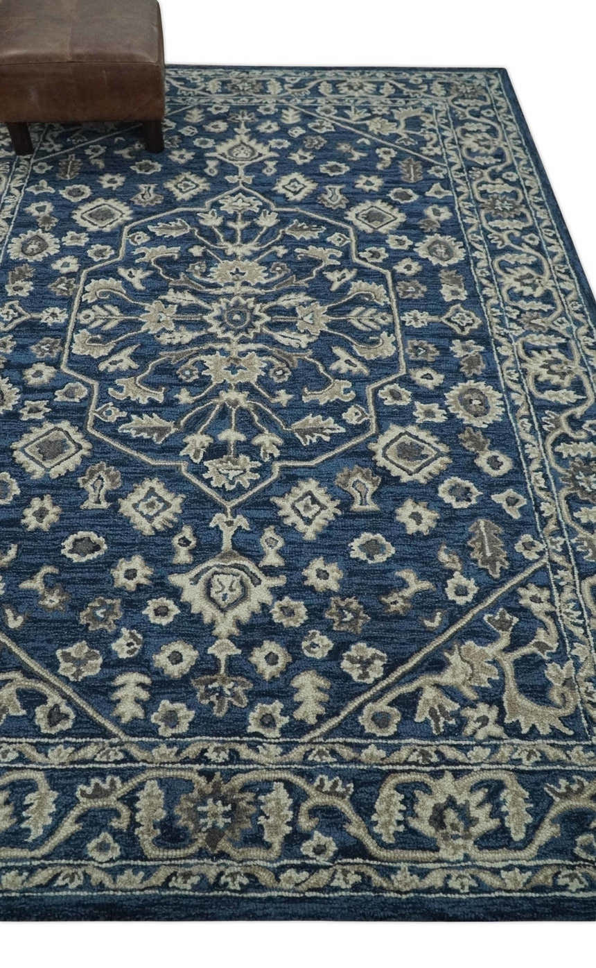 Multi Size Hand Tufted Blue and Beige Traditional Medallion 8x10, 9x12 Antique Style Rug, Kids, Living Room and Bedroom Rug | TRD6441