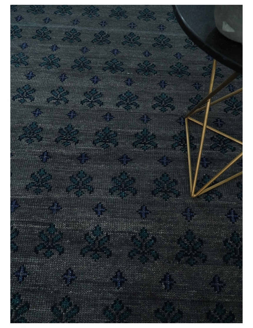 Gray and Blue Traditional Hand Knotted Antique Style low Pile Custom Made Wool Area Rug