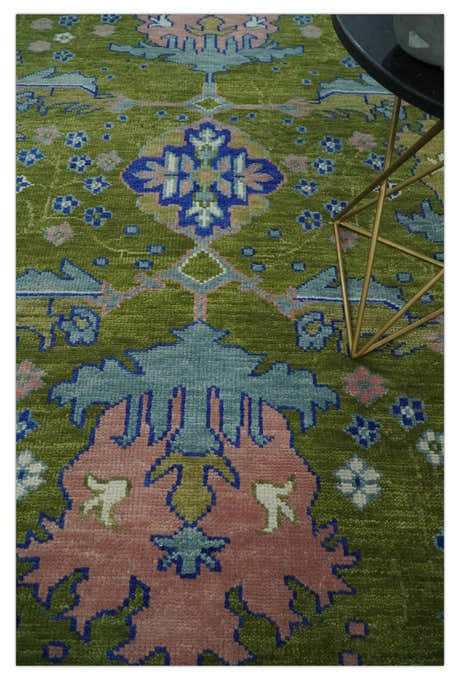 Multi size Moss Green, Blue and Peach Hand Knotted Vibrant colorful Donegal Wool Rug