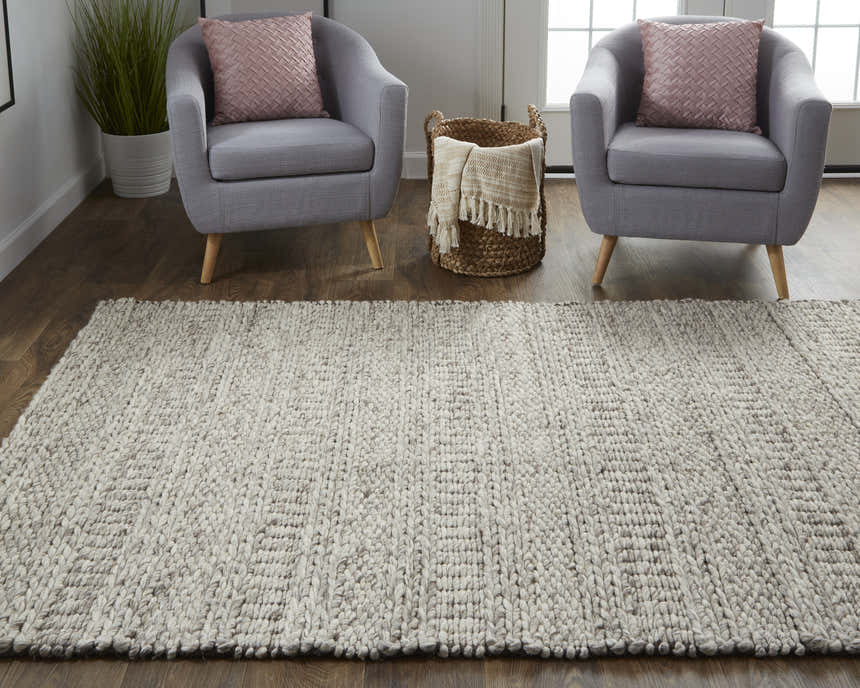 Living room scene with gray chairs and the Feizy Berkeley Ivory/Gray/Tan rug. Roomscene-Rectangle